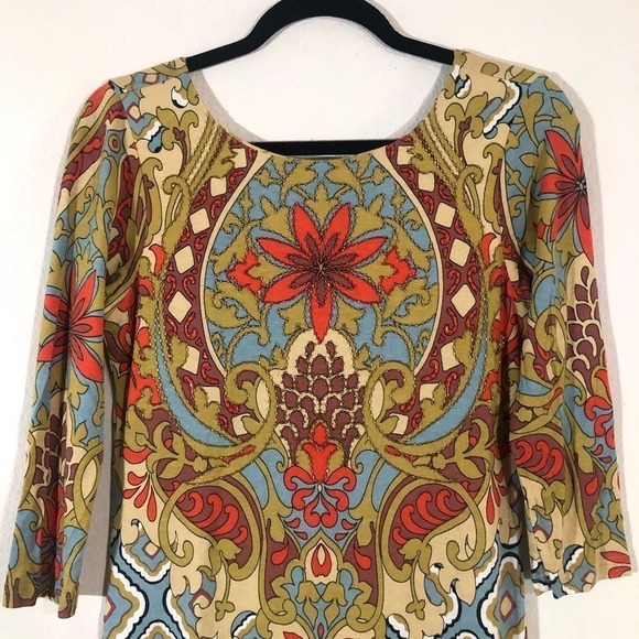 Joyous & Free Paisley Beaded 3/4 Sleeve Scoop Back Stretch Knit Shift Dress XS - Picture 6 of 14